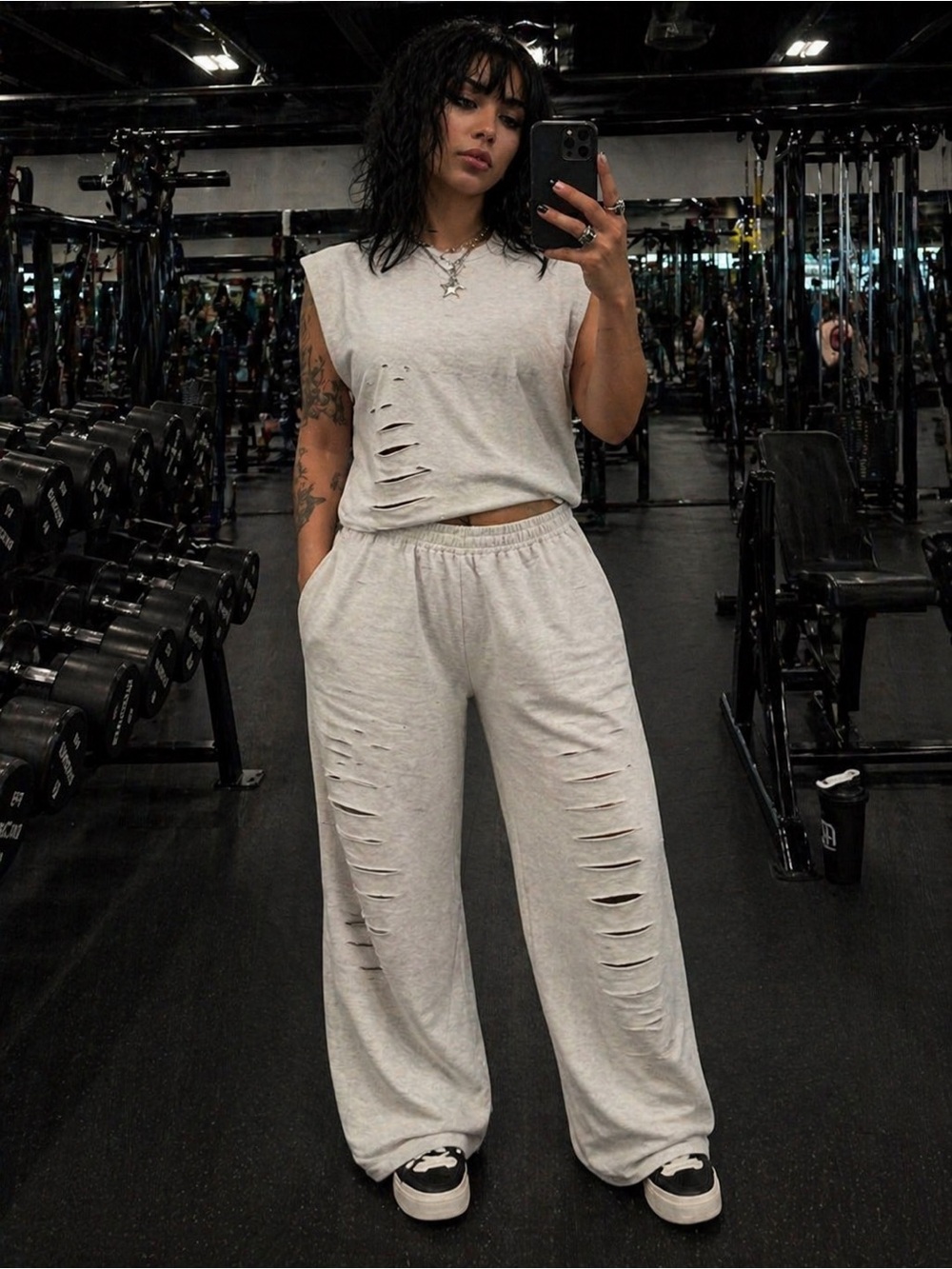 Women's Light Gray Distressed Lounge Pants Set